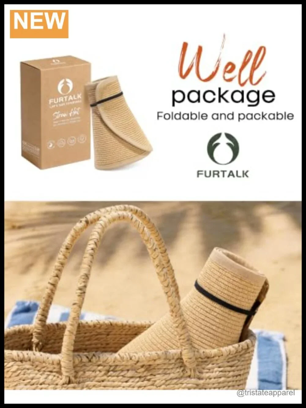 FURTALK Foldable Straw Sun Hat with Ponytail Hole, Wide Brim, Windproof Strap